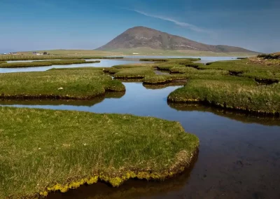 Winding tidal channels through the green salt marshes at Northton beneath a South Harris mountain.