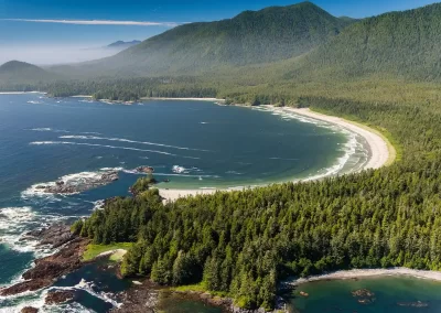 Aerial view of a sweeping sandy bay surrounded by temperate rainforest near Tofino, British Columbia, photographed by Garth Lenz.